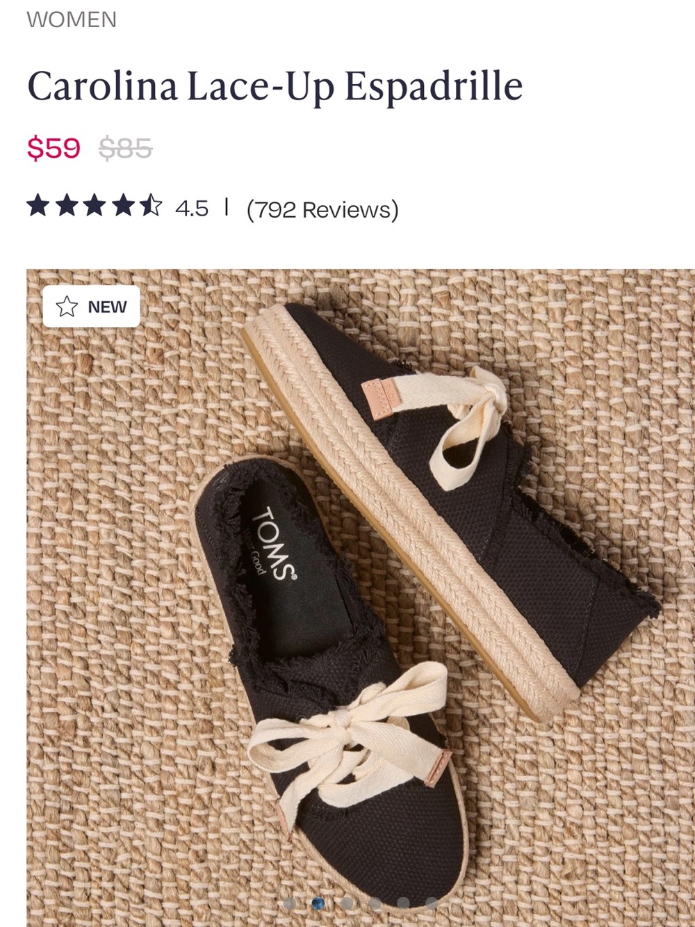 TOMS Carolina Lace-Up Espadrille in Black with Cream Laces